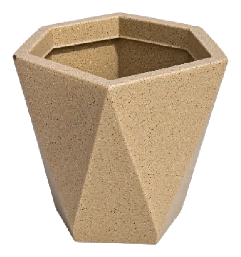 Fahari Hexagon planter with faceted geometric sides in a speckled sandstone finish