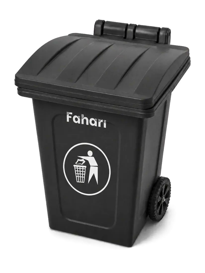 Fahari 240 litre waste bin in charcoal, on two wheels with a ribbed hinged lid