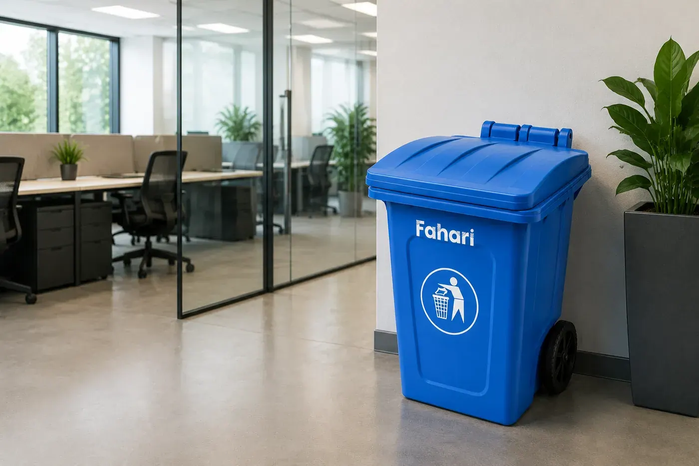 A blue Fahari 120 litre bin on its wheels in an open-plan office, beside a glass partition and desk clusters